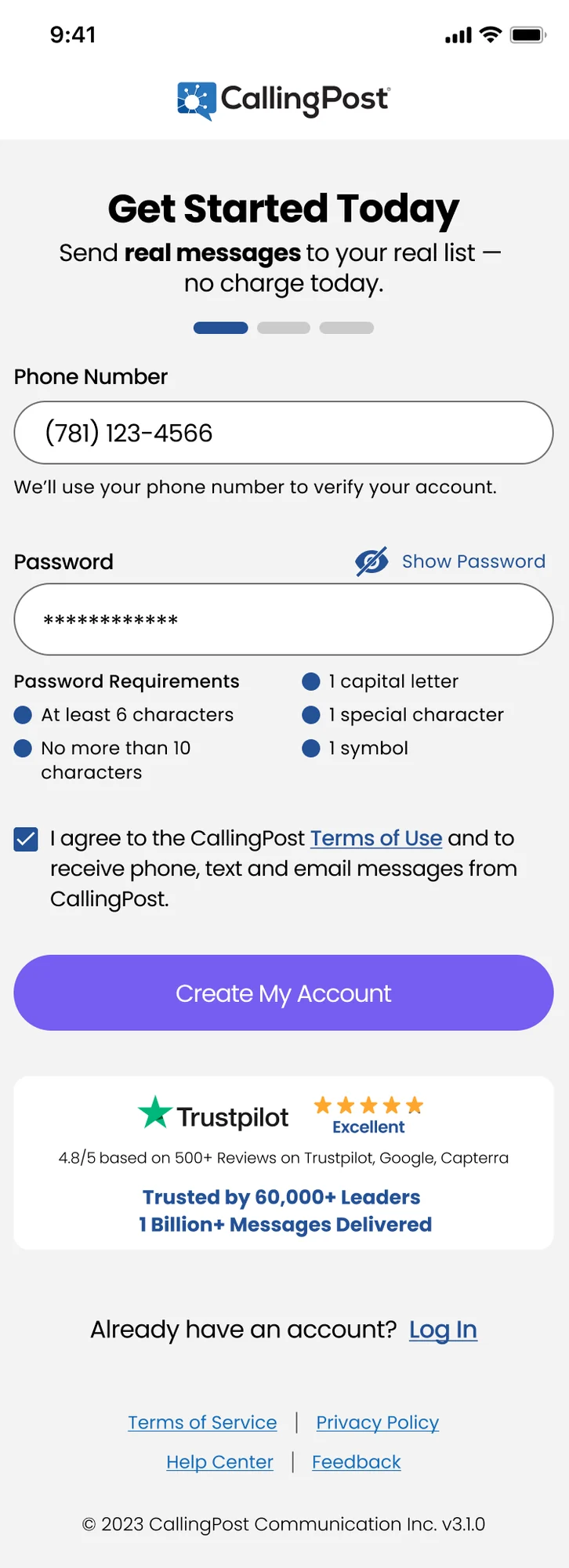 Final sign-up screen on mobile: Get Started Today, Send real messages to your real list, no charge today, with phone number and password fields, password requirements, terms checkbox, a Create My Account button, and a Trustpilot rating with Trusted by 60,000+ leaders and 1 billion+ messages delivered.