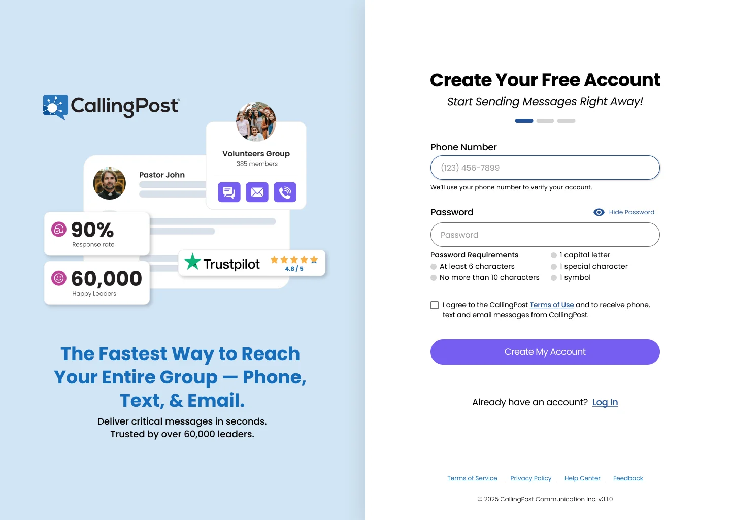 Sign-up option 4: an illustrated panel of product UI cards, Pastor John and a 385-member volunteers group with phone, text, and email buttons, a 90% response rate, 60,000 happy leaders, and a Trustpilot rating, under the headline The Fastest Way to Reach Your Entire Group, beside the Create Your Free Account form.