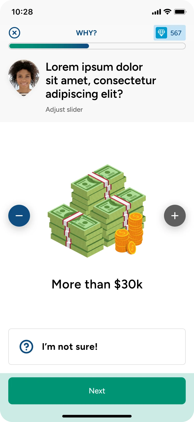 Early draft of the debt question: an illustrated stack of cash and gold coins between minus and plus buttons, labeled More than $30k, with an I’m not sure! option and a Next button.